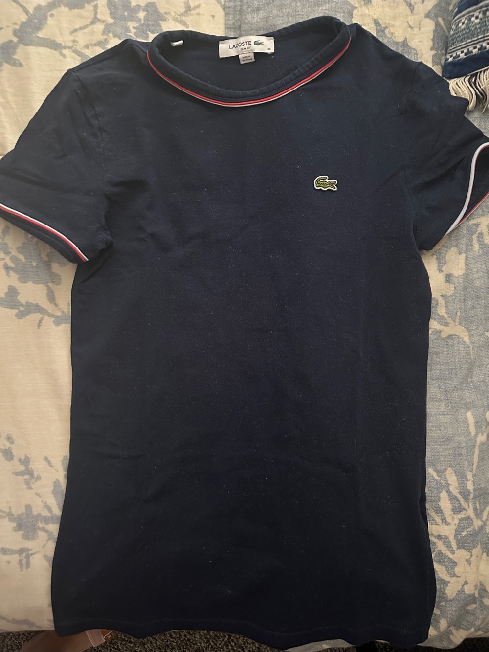 Lacoste Navy Short Sleeve Tee with Red & White Trim